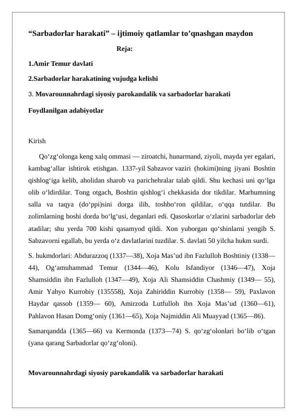 Sarbadorlar harakati – ijtimoiy qatlamlar to’qnashgan maydon 24