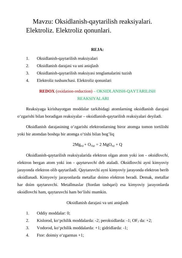 Oksidlanish-qaytarilish reaksiyalari. Elektroliz. Elektroliz qonunlari.