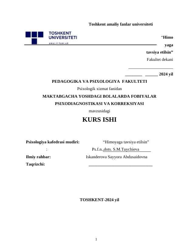 MAKTABGACHA YOSHDAGI BOLALARDA FOBIYALAR PSIXODIAGNOSTIKASI VA KORREKSIYASI
