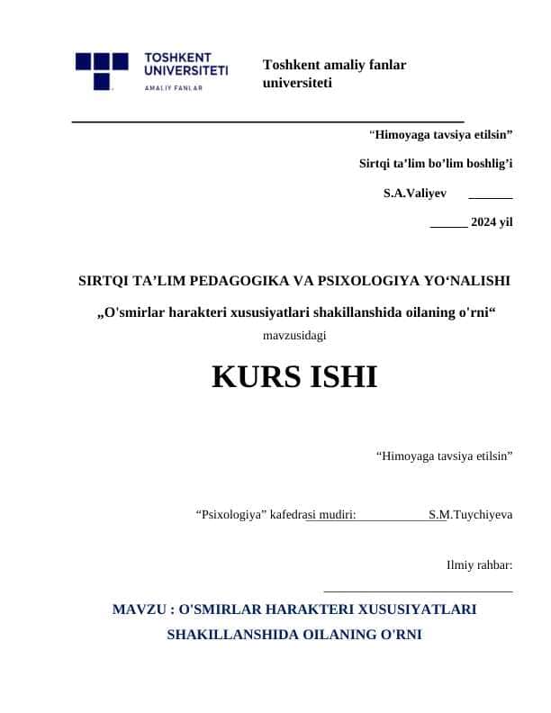 O'smirlar harakteri xususiyatlari shakillanshida oilaning o'rni