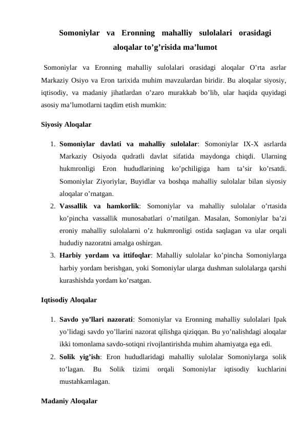 Somoniylar va Eronning mahalliy sulolalari orasidagi aloqalar to’g’risida ma’lumot 24