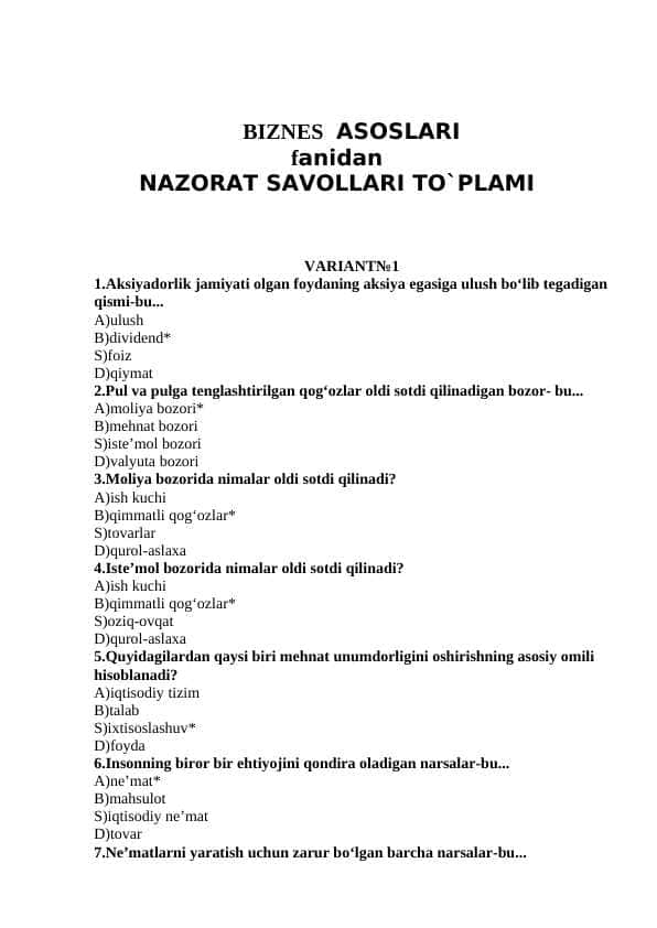 BIZNES ASOSLARI fanidan NAZORAT SAVOLLARI TO`PLAMI