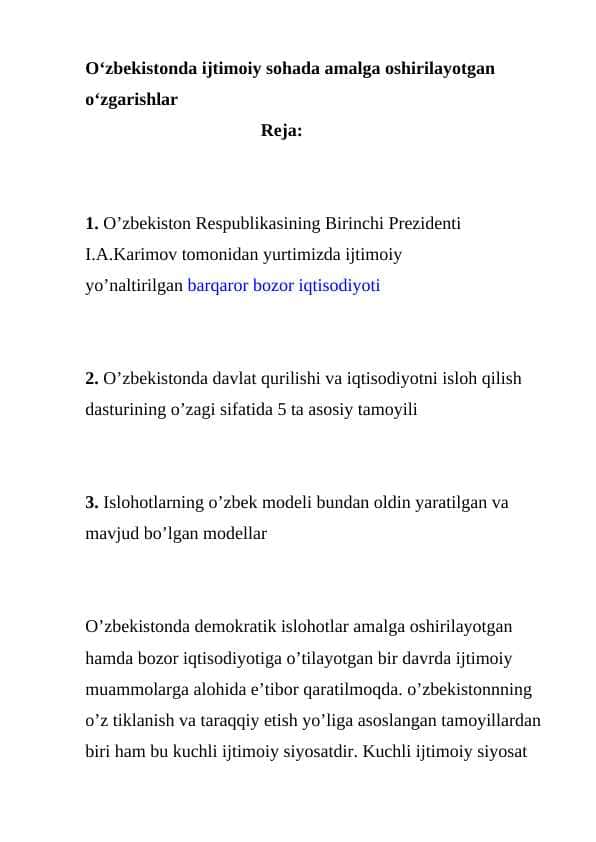O‘zbekistonda ijtimoiy sohada amalga oshirilayotgan o‘zgarishlar