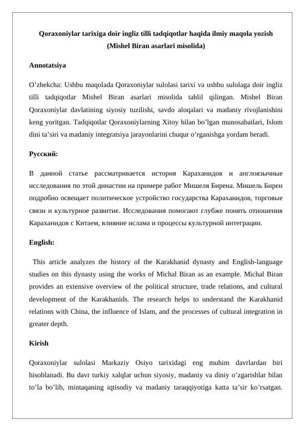 Qoraxoniylar tarixiga doir ingliz tilli tadqiqotlar haqida ilmiy maqola yozish 24