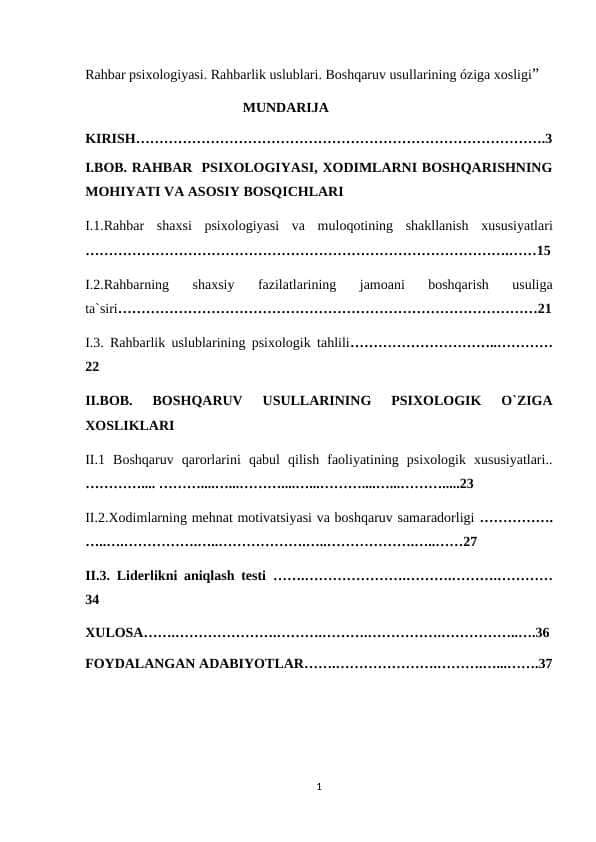 Rahbar psixologiyasi. Rahbarlik uslublari. Boshqaruv usullarining óziga xosligi”