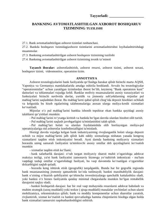 BANKNING AVTOMATLASHTIILGAN AXBOROT BOSHQARUV TIZIMINING TUZILISHI