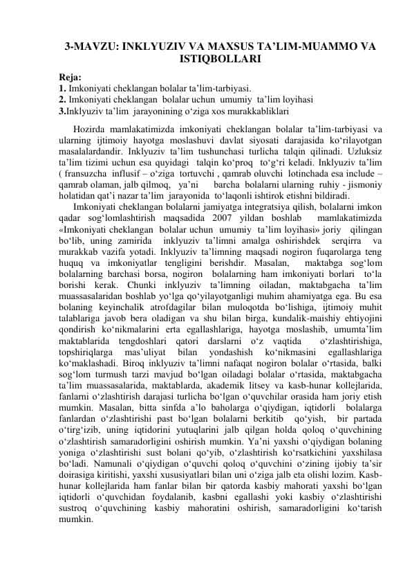 Inklyuziv va maxsus talim muammo va istiqbollari
