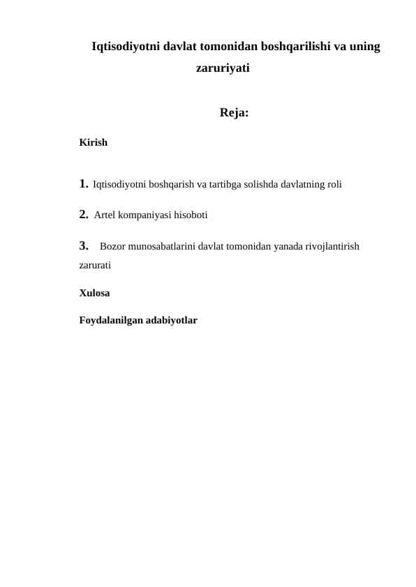 Iqtisodiyotni davlat tomonidan boshqarilishi va uning zaruriyati