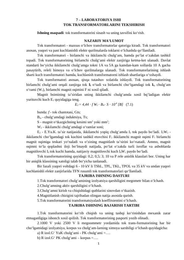 TOK TRANSFORMATORLARINI TEKSHIRISH