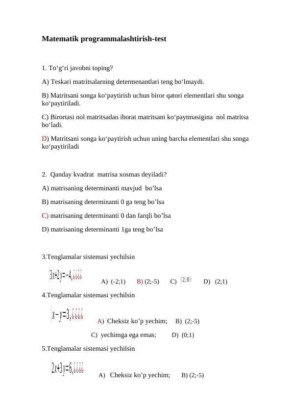 Matematik programmalashtirish-test