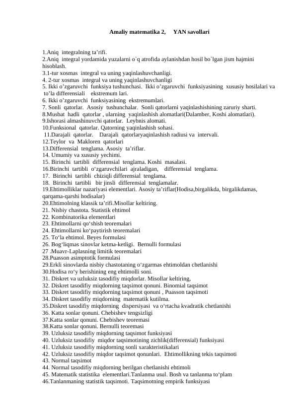 Amaliy matematika 2, YAN savollari