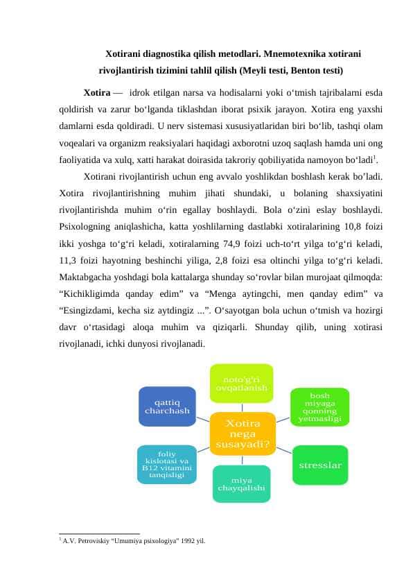 Xotirani diagnostika qilish metodlari. Mnemotexnika xotirani rivojlantirish tizimini tahlil qilish (Meyli testi, Benton testi)