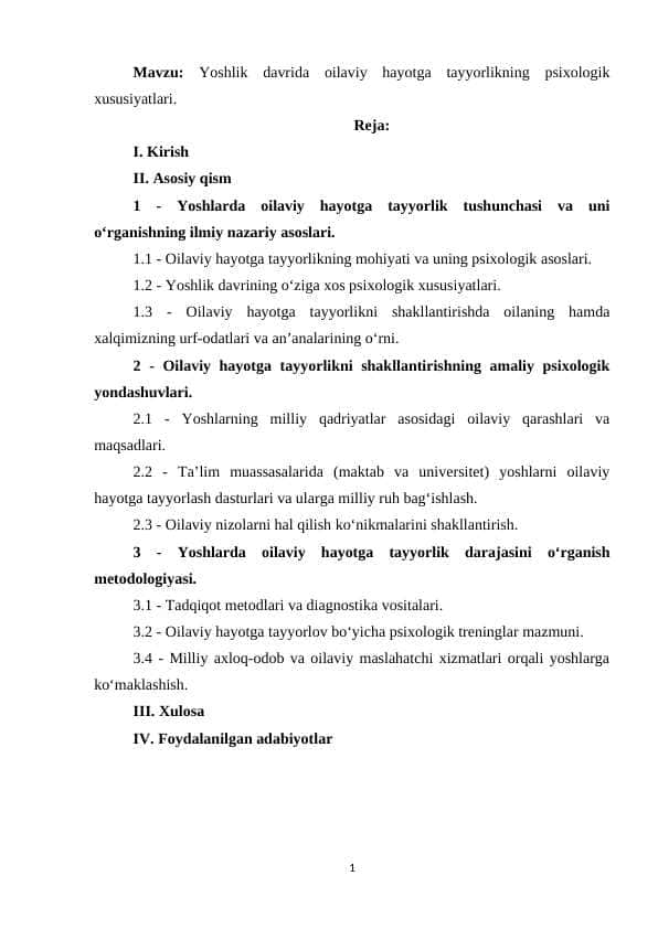 Yoshlik davrida oilaviy hayotga tayyorlikning psixologik xususiyatlari