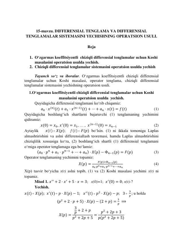 DIFFERENSIAL TENGLAMA VA DIFFERENSIAL TENGLAMALAR SISTEMASINI YECHISHNING OPERATSION USULI.