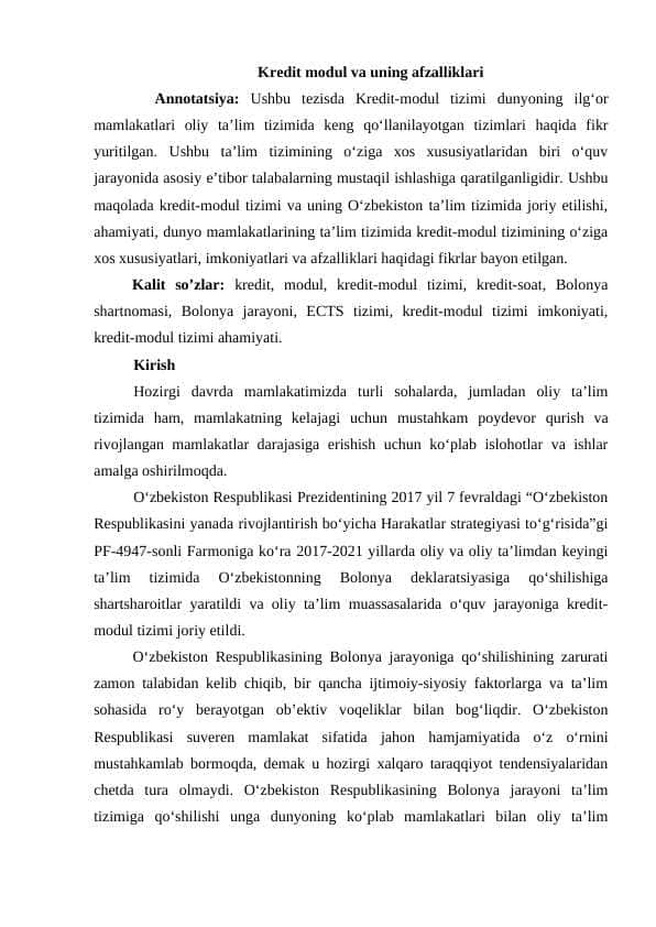 Kredit modul va uning afzalliklari