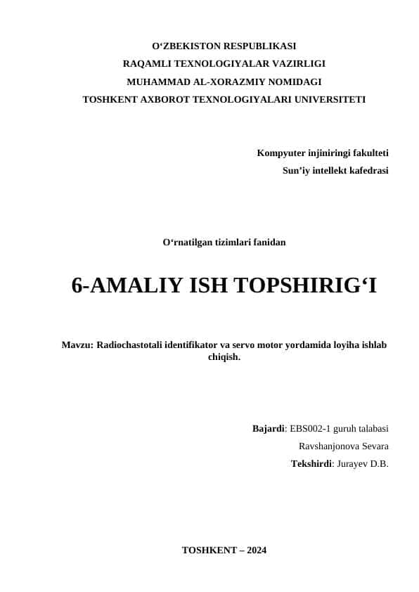 Radiochastotali identifikator va servo motor yordamida loyiha ishlab chiqish.