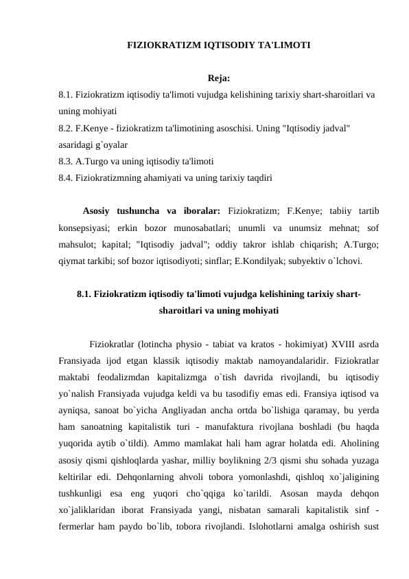 FIZIOKRATIZM IQTISODIY TA'LIMOTI