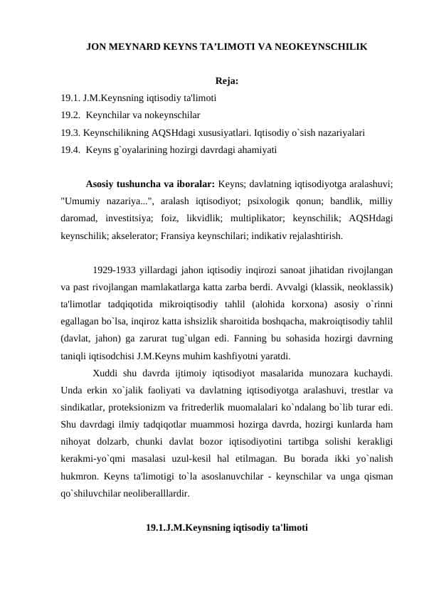 JON MEYNARD KEYNS TA’LIMOTI VA NEOKEYNSCHILIK