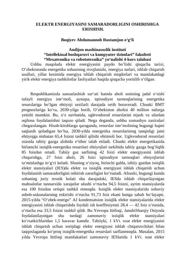 ELEKTR ENERGIYASINI SAMARADORLIGINI OSHIRISHGA ERISHISH.
