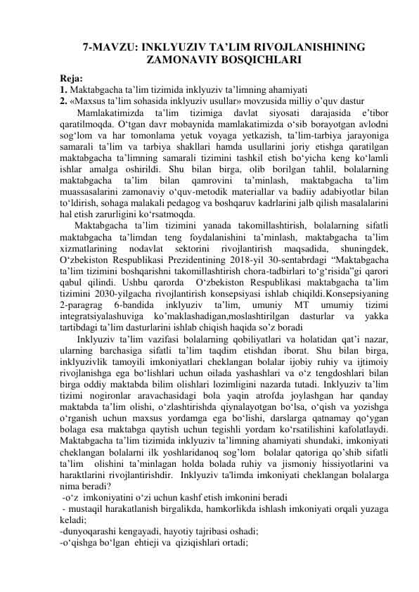 Inklyuziv ta lim rivojlanishining zamonaviy bosqichida