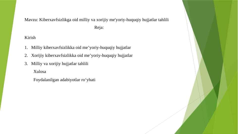 Kiberxavfsizlikga oid milliy va xorijiy me'yoriy-huquqiy hujjatlar tahlili