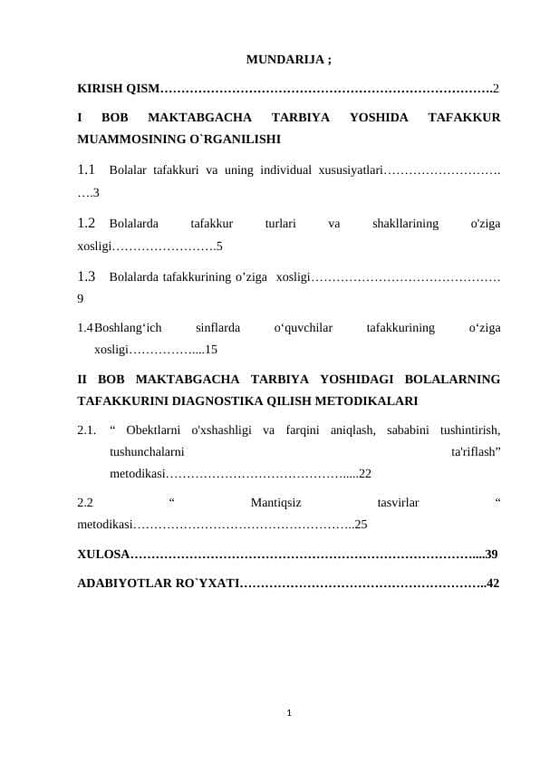 MAKTABGACHA TARBIYA YOSHIDA TAFAKKUR MUAMMOSINING O`RGANILISHI