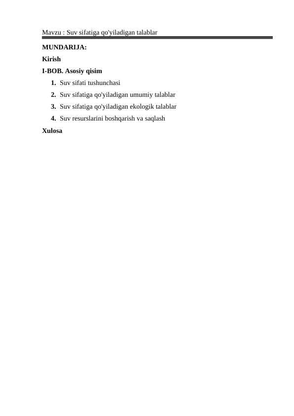 Suv sifatiga qo'yiladigan talablar