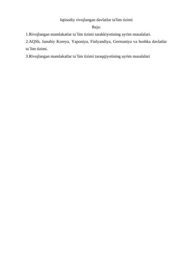 Iqtisodiy rivojlangan davlatlar ta'lim tizimi