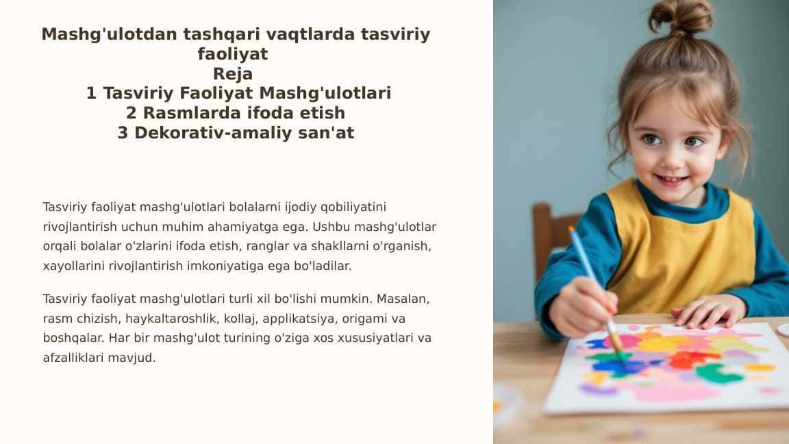 Mashg'ulotdan tashqari vaqtlarda tasviriy faoliyat