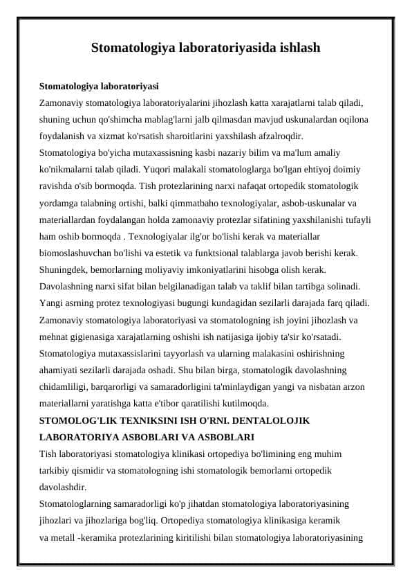 Stomatologiya laboratoriyasida ishlash