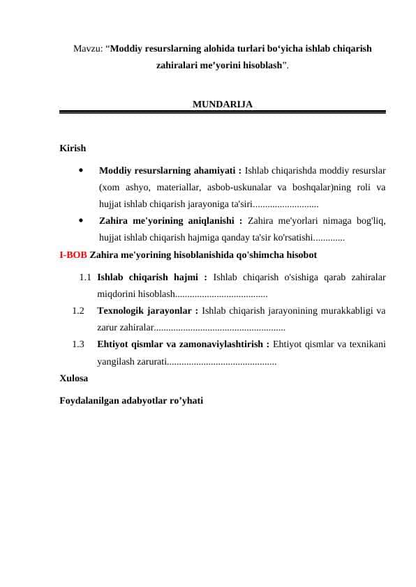 Moddiy resurslarning alohida turlari bo‘yicha ishlab chiqarish zahiralari me’yorini hisoblash