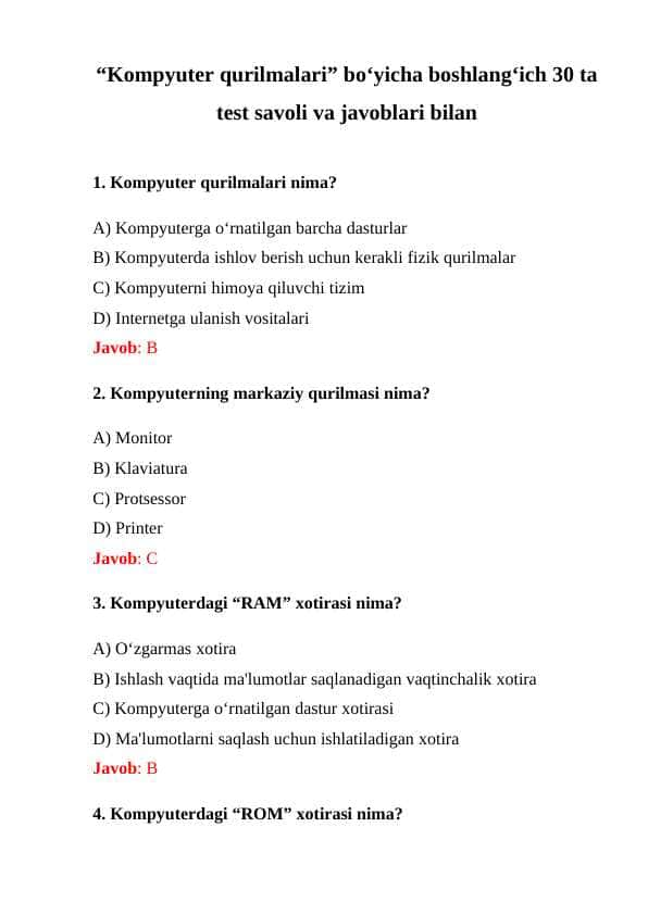 “Kompyuter qurilmalari” boʻyicha boshlang‘ich 30 ta test savoli va javoblari bilan