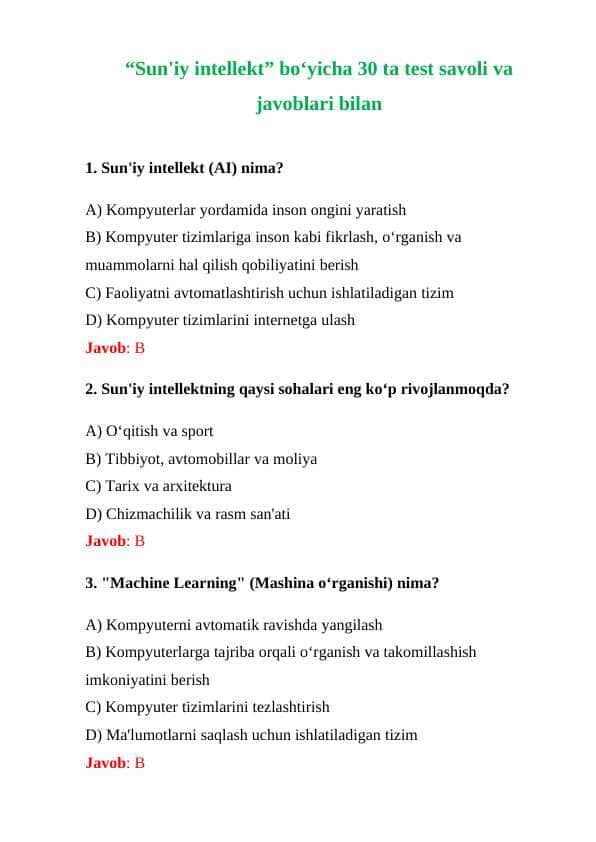 “Sun'iy intellekt” boʻyicha 30 ta test savoli va javoblari bilan