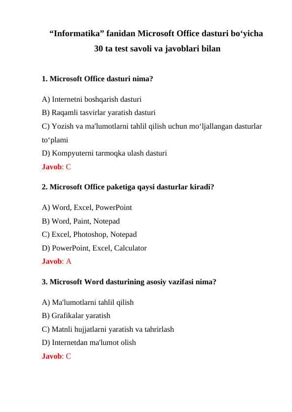 “Informatika” fanidan Microsoft Office dasturi boʻyicha 30 ta test savoli va javoblari bilan