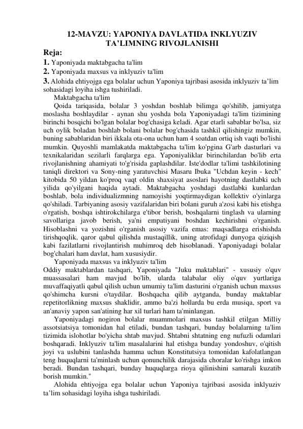Yaponiya davlatida inklyuziv ta limning rivojlanishi