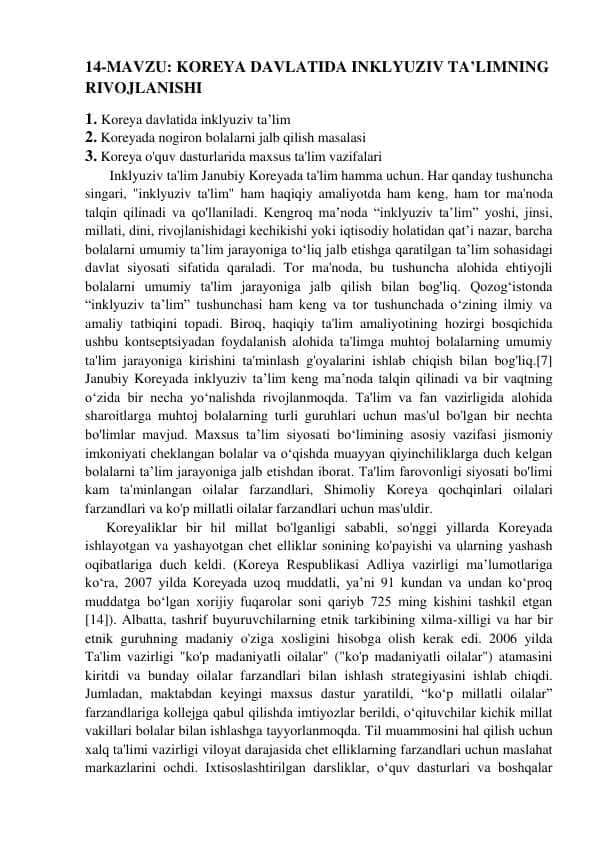 Koreya davlatida inklyuziv ta limni rivojlanishi