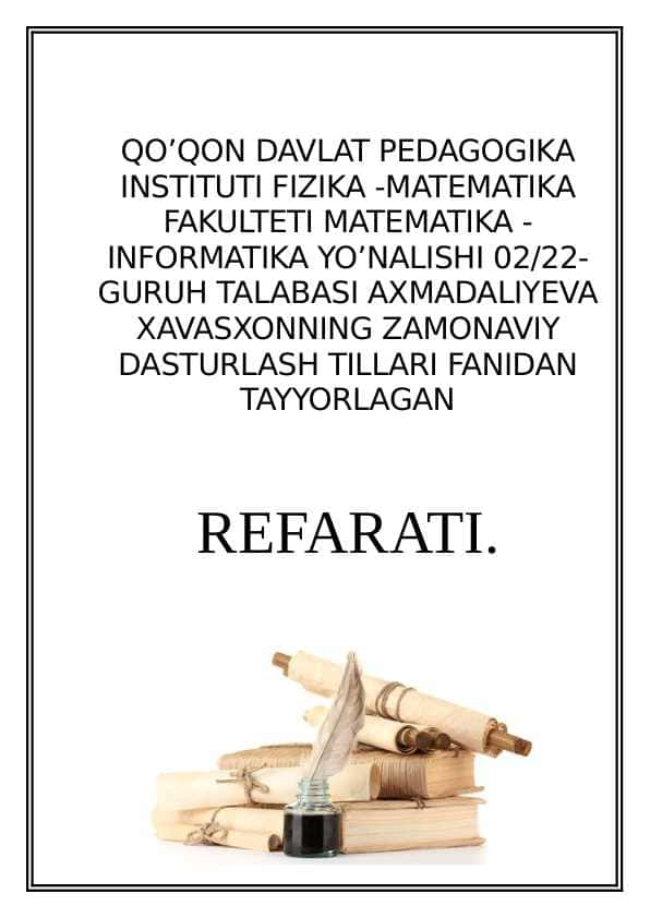 Saralash algoritmlari. Algoritmlar tahlili va algoritimlarni ishlab chiqish metodlari.Mavzusiga referat va testlar
