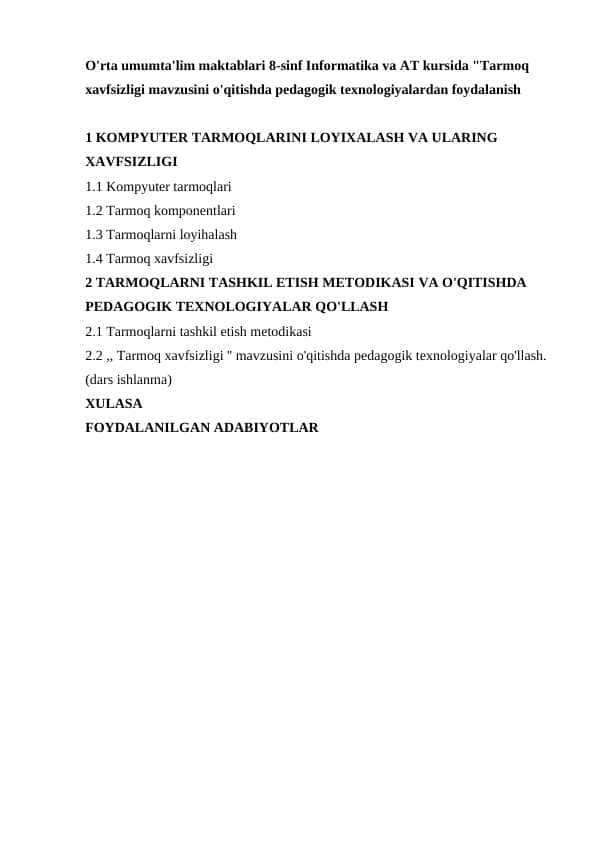 O'rta umumta'lim maktablari 8-sinf Informatika va AT kursida