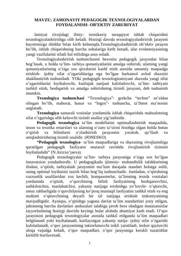 ZAMONAVIY PEDAGOGIK TEXNOLOGIYALARDAN FOYDALANISH- OB’EKTIV ZARURIYAT