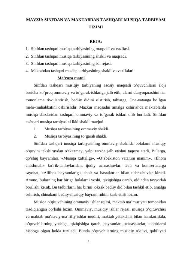 SINFDAN VA MAKTABDAN TASHQARI MUSIQA TARBIYASI TIZIMI