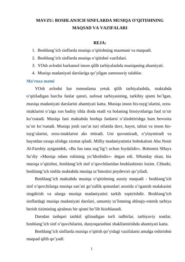 BOSHLAN/ICH SINFLARDA MUSIQA O’QITISHNING MAQSAD VA VAZIFALARI