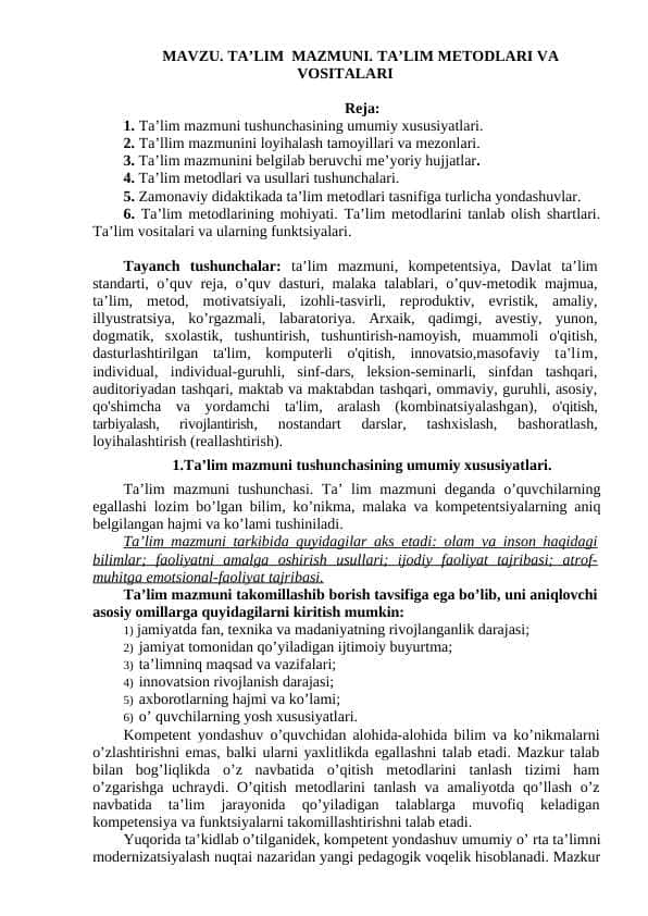 TA’LIM MAZMUNI. TA’LIM METODLARI VA VOSITALARI