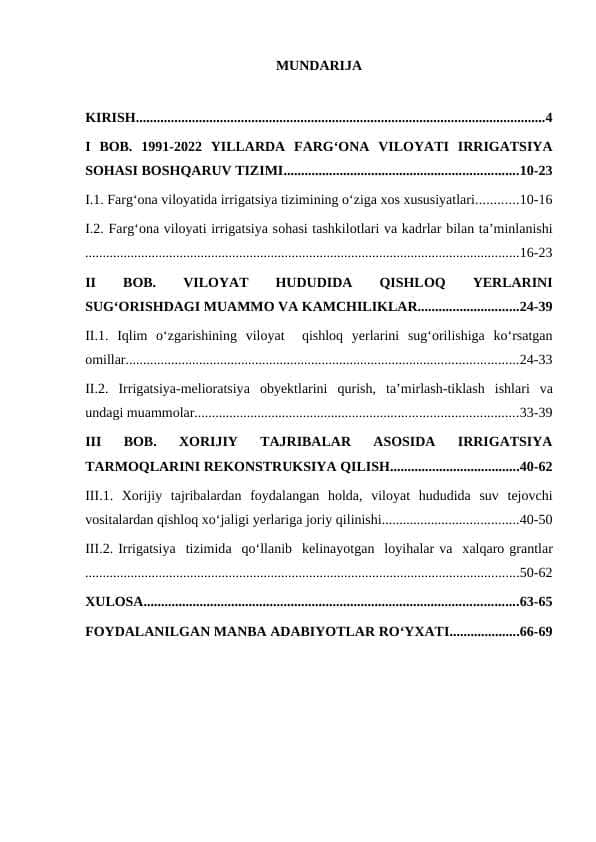 FАRGʻОNА VILОYАTI IRRIGАTSIYА SОHАSI TАRIXI