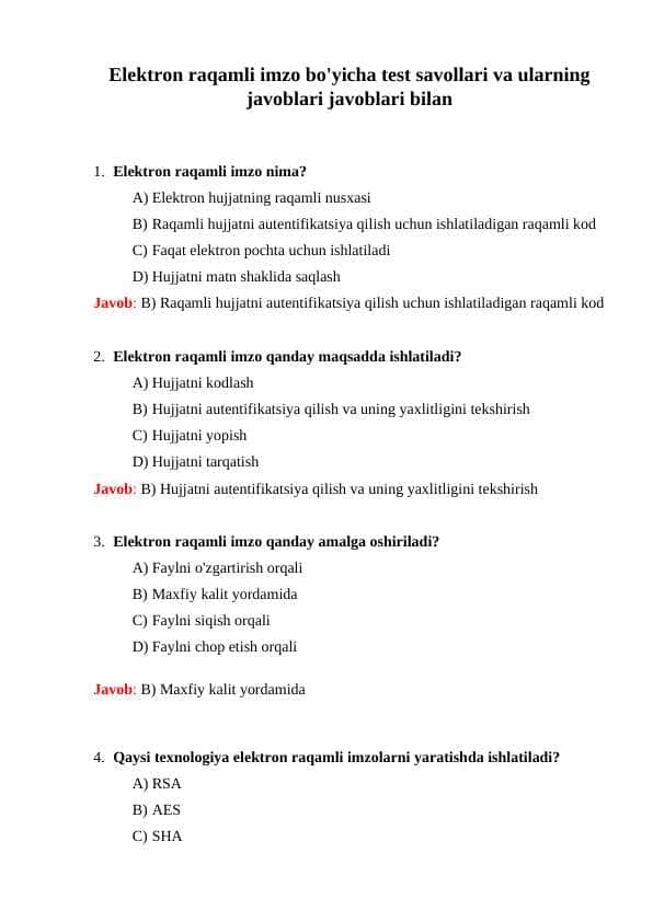 Elektron raqamli imzo bo'yicha test savollari va ularning javoblari javoblari bilan