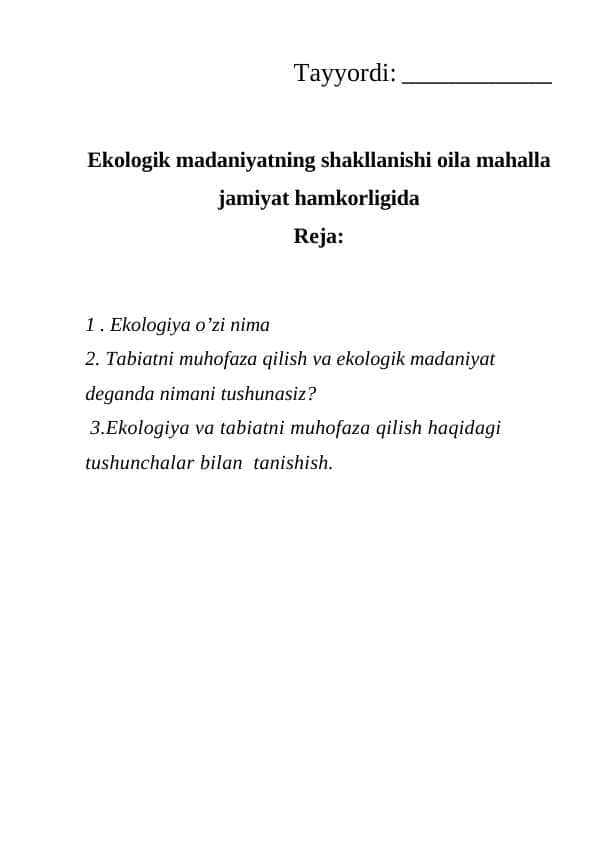 Ekologik madaniyatning shakllanishi oila mahalla jamiyat hamkorligida