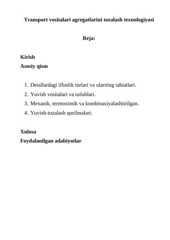 Transport vositalari agregatlarini tozalash texnologiyasi