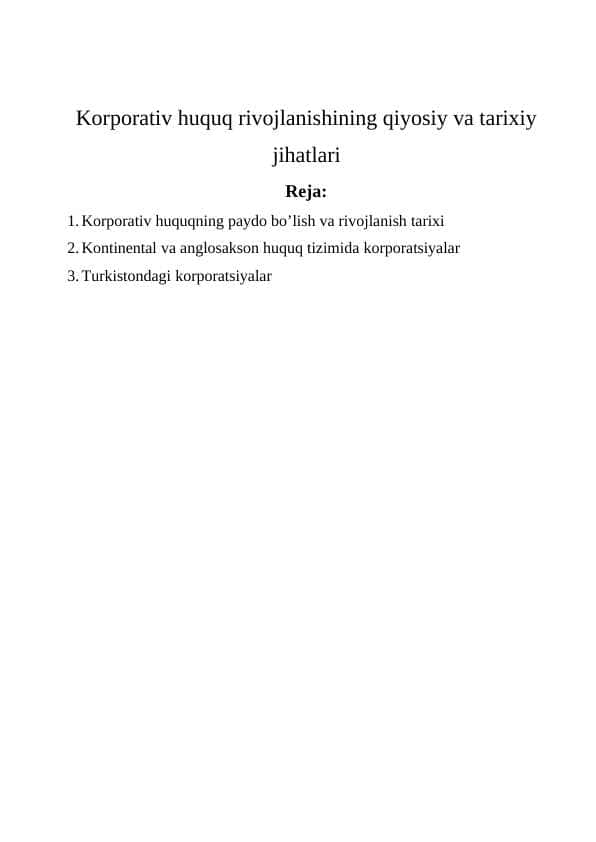 Korporativ huquq rivojlanishining qiyosiy va tarixiy jihatlari