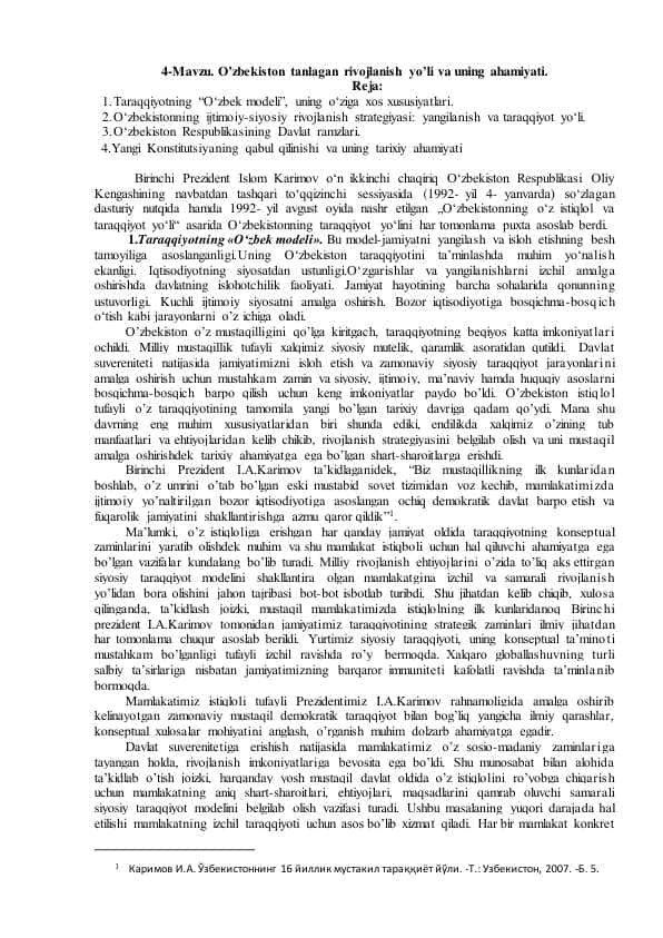 O’zbekiston tanlagan rivojlanish yo’li va uning ahamiyati
