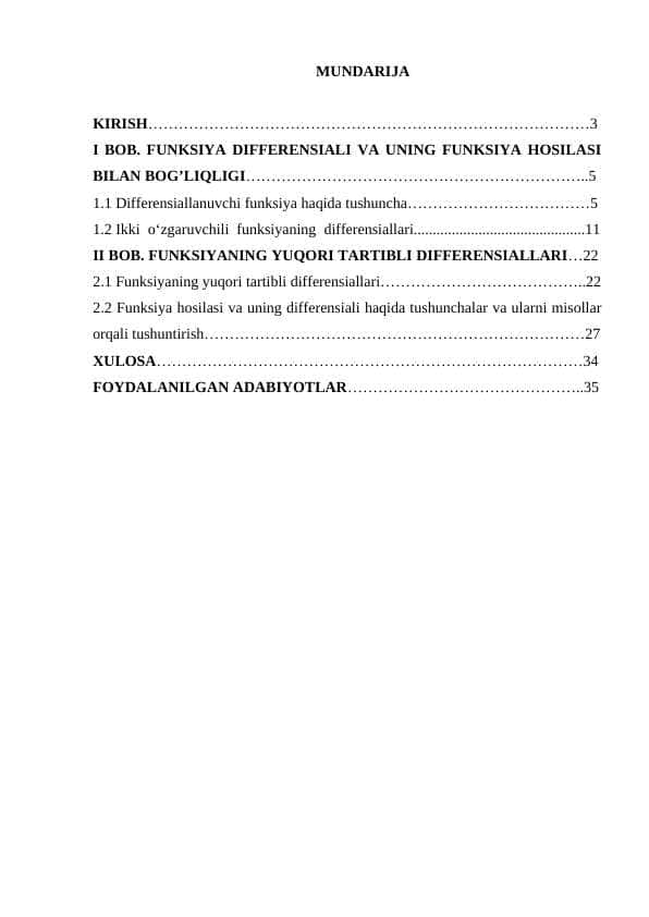 Funksiyaning yuqori tartibli differensiallari