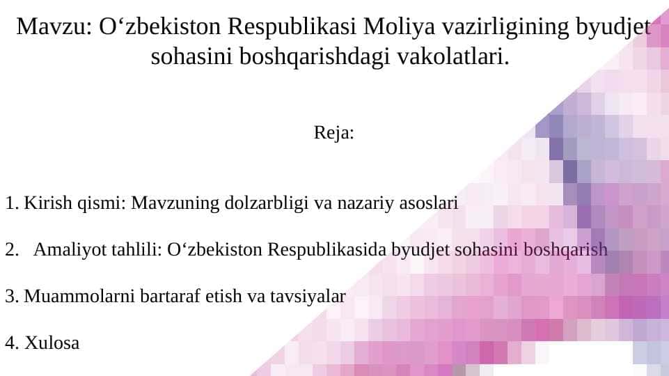 O‘zbekiston Respublikasi Moliya vazirligining byudjet sohasini boshqarishdagi vakolatlari